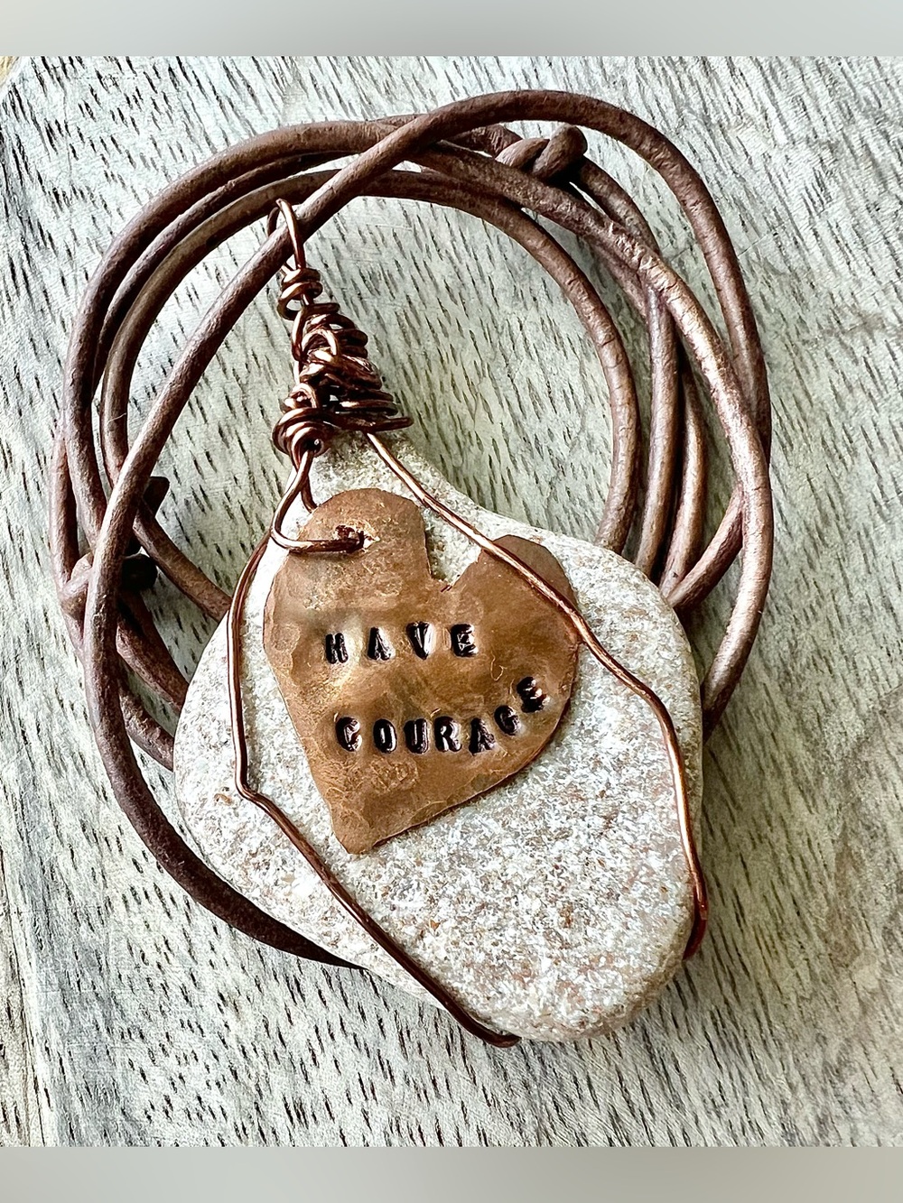 Have Courage Heart Pendant Necklace - Copper & Natural Beach Stone Handmade NEW
